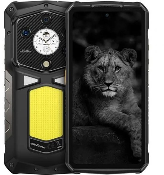 Robuuste zwarte telefoon met geel accent, 50MP AI-camera, en een scherm met een leeuw.