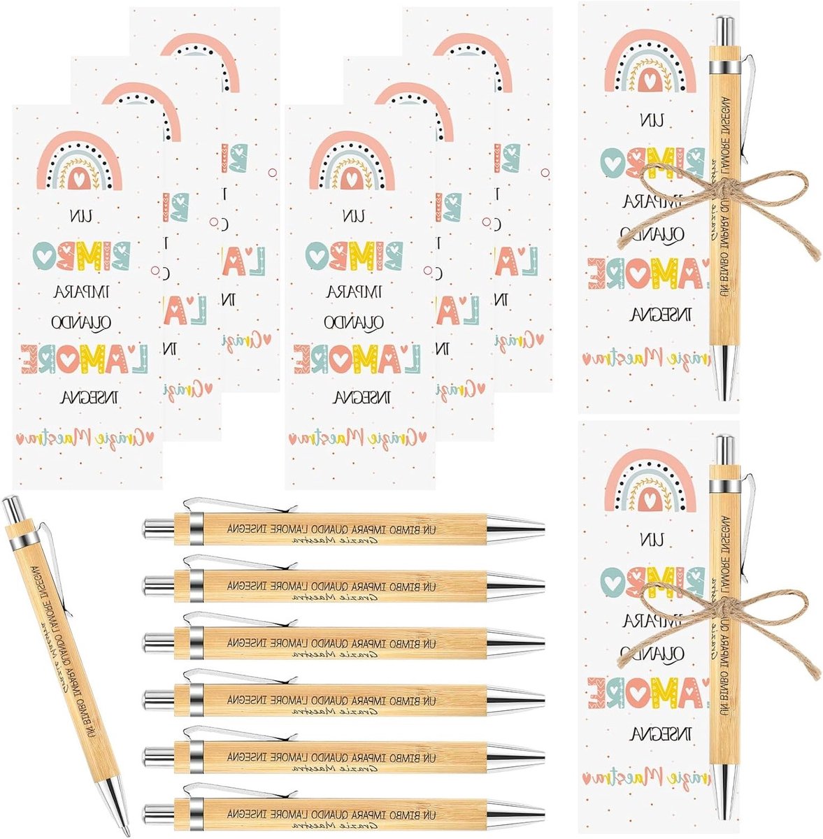 Cadeauset voor leraren: 6 houten markers, 6 bedankkaarten en jute koord, perfect om waardering en dankbaarheid te tonen aan docenten en professoren