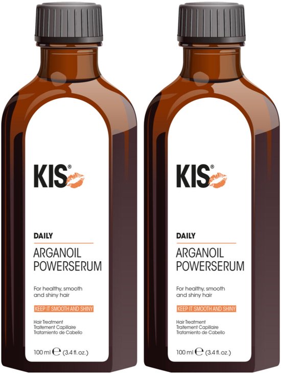 Twee bruine flessen KIS DAILY ARGANOIL POWER SERUM. "For healthy, smooth and shiny hair" en "KEEP IT SMOOTH AND SHINY"