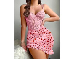 Luxe Dames Lingerie Set – Kanten Corset Top met Hartjes Rokje – Romantische Nachtmode – Roze