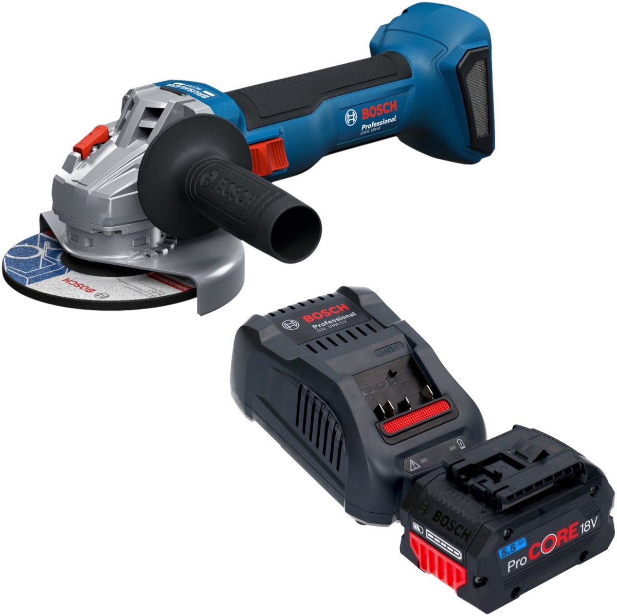 Bosch GWS 18V-8 Professional accu-haakse slijper 18 V 125 mm borstelloos + 1x ProCORE-accu 5,5 Ah + oplader