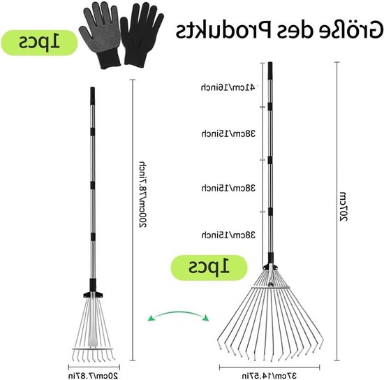 Tuinhark met Handvat en Tuinhandschoenen, Verstelbare Stalen Hark voor Bladeren, Ideaal voor Tuinonderhoud en Opruimen van Plantresten — afbeelding 5