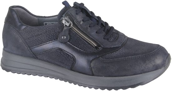 Donkerblauwe Waldlaufer veterschoen met rits, textuurpatroon en een stevige grijze rubberen zool.
