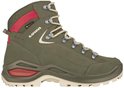 Groene Lowa wandelschoen met beige veters, rode accenten en een beige zool.