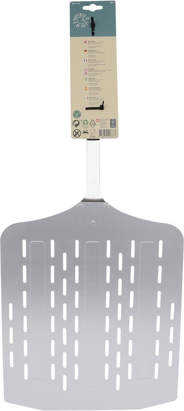 Grijze pizzalepel met geperforeerd blad en zwart handvat, van Cozze.