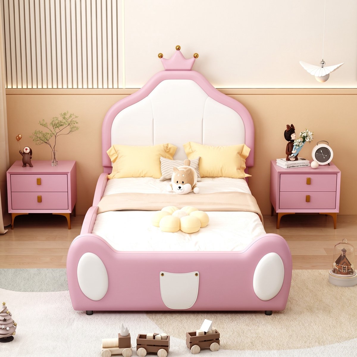 VVBV Gestoffeerd Eenpersoonsbed 90x200 cm met Hoofdbord, Voor Kinderen/Tieners - LED-Verlichting - PU-leer Roze Pink