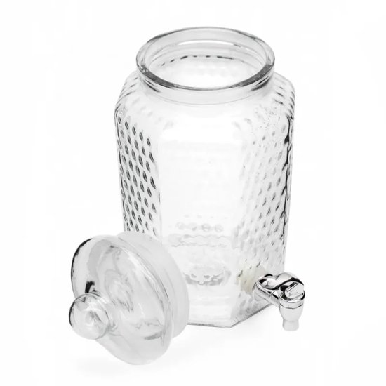 Glazen drankdispenser met honingraatstructuur en zilverkleurig kraantje, deksel ernaast.