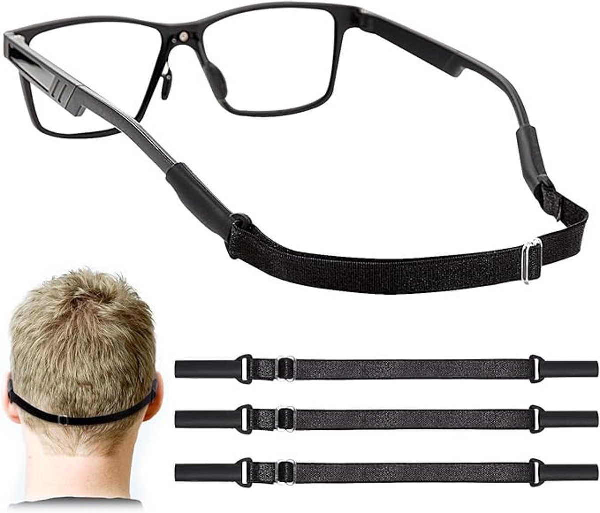 Verstelbare brillenband - 3 stuks brillenkoord zonder uiteinden, geschikt voor mannen, vrouwen en kinderen – geschikt voor brillen en zonnebrillen, sportbrillen anti-slip koord, brillenfixeerband, zwart