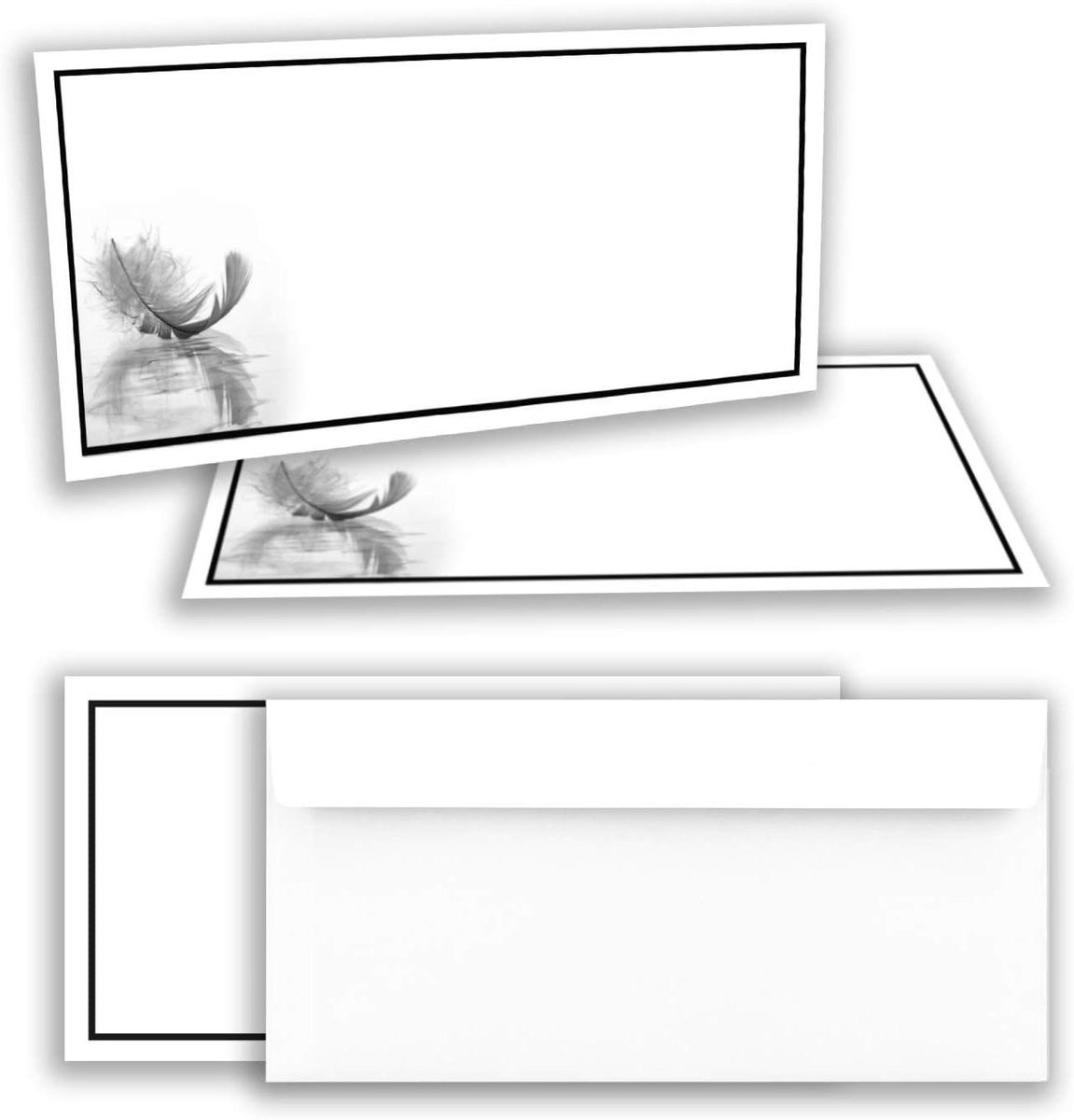 Rouwkaarten Set - Condoleance kaarten Bedankkaarten - Persoonlijk Berichten - Motief Veer Zwart - DIN LANG 21x10.5cm - Zwart