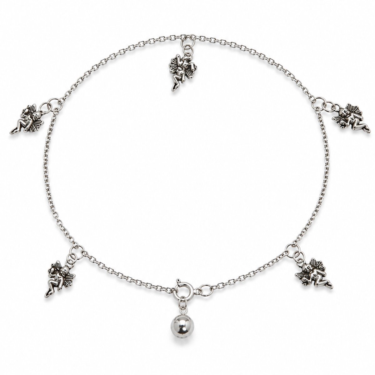 Mbrace Sterling zilveren enkelbandje 26 cm met 5 fee bedels en bolletje – speels 925 zilveren enkelbandje met bedeltjes – dames enkelbandje cadeau