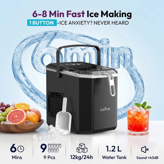 Hutjemutje - ijsblokjesmachine - ijsmachine - ijsblokjesmaker - 0,8L - 12kg/24 uur - ijsmand & ijsschep - zelfreinigingsfunctie - zwart — afbeelding 2