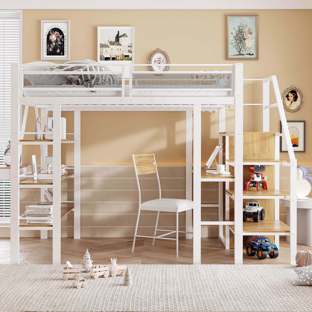 VVBV Hoogslaper 140x200 met bureau / Hoogslaper met bureau en kast – met Kledingkast, Trap, Opbergrekken, Opbergruimte, Ladder – Hoge Veiligheidshekken wit