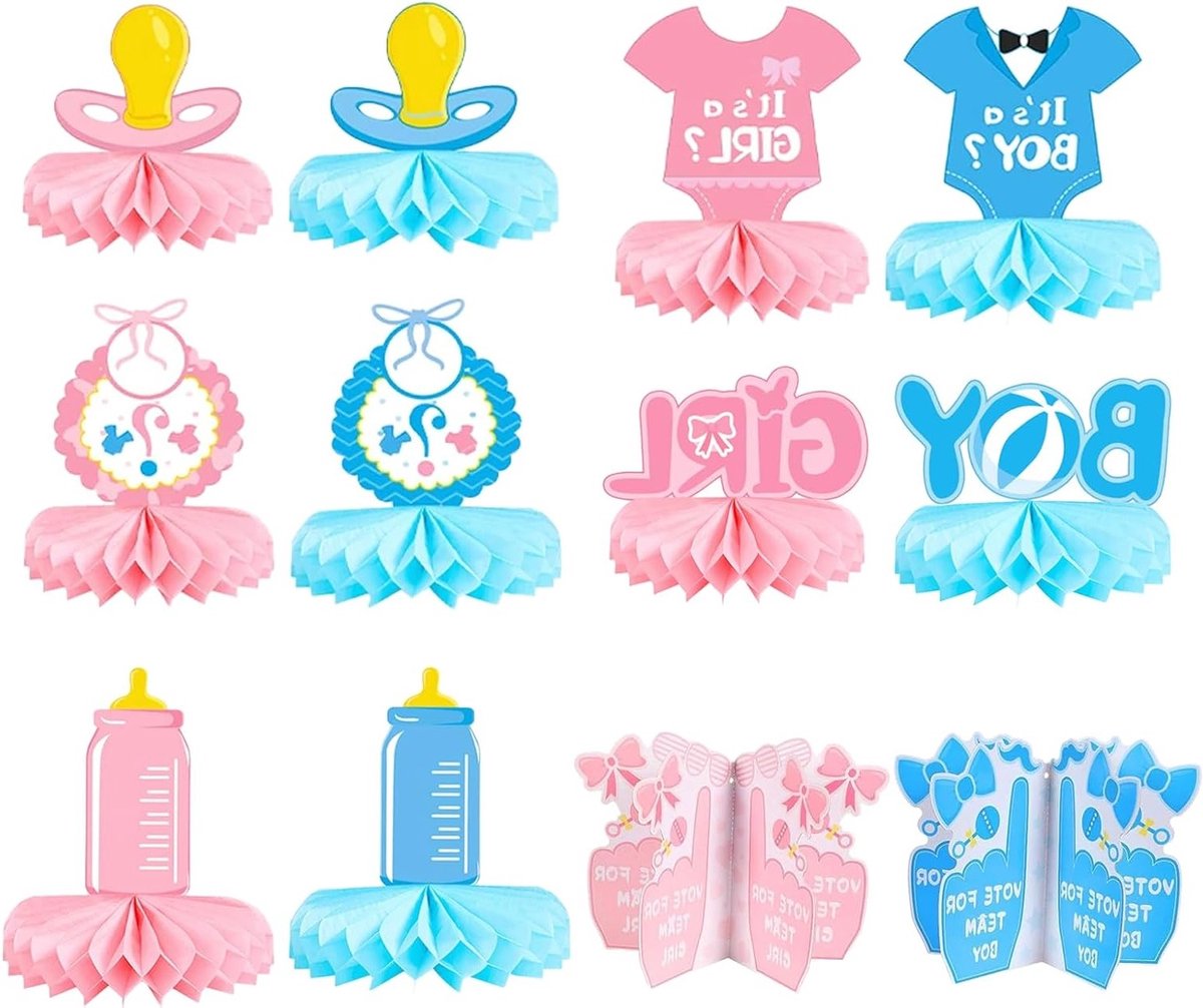 12 Stuks Baby Shower Versieringen, 3D Honeycomb Tafeldecoraties voor Jongens en Meisjes, Gender Reveal Feestdecoratie voor Tafel en Babyfeest
