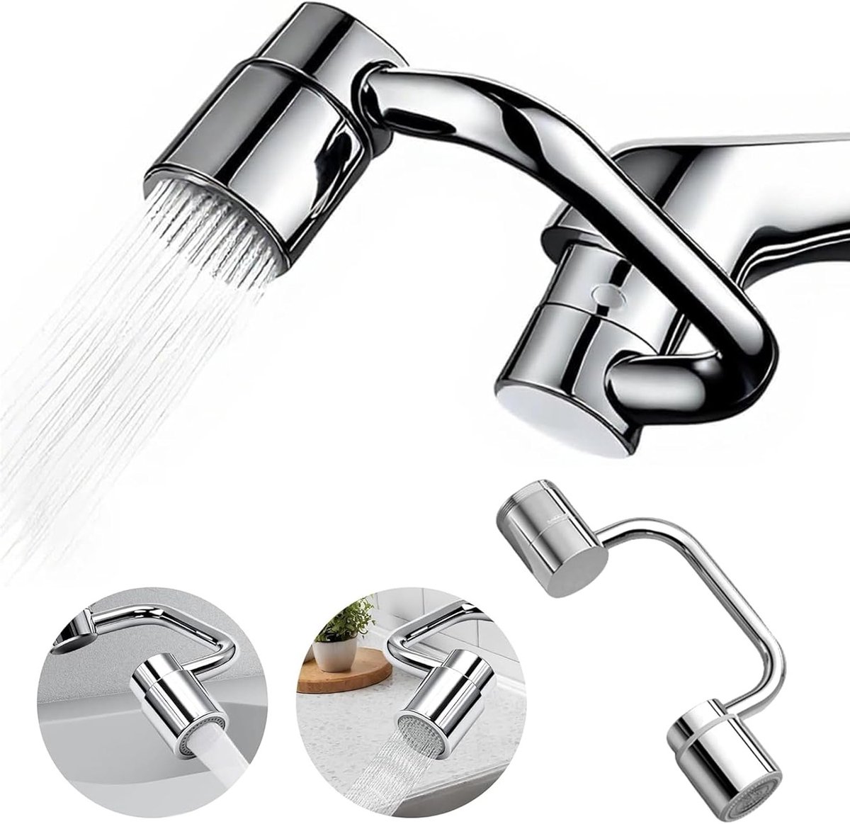 Multifunctionele 1080° Draaibare Waterkraan Verlenging met Installatie Accessoires voor Badkamer en Keuken, Antispat en Drukverhogende Kraanbevestiging