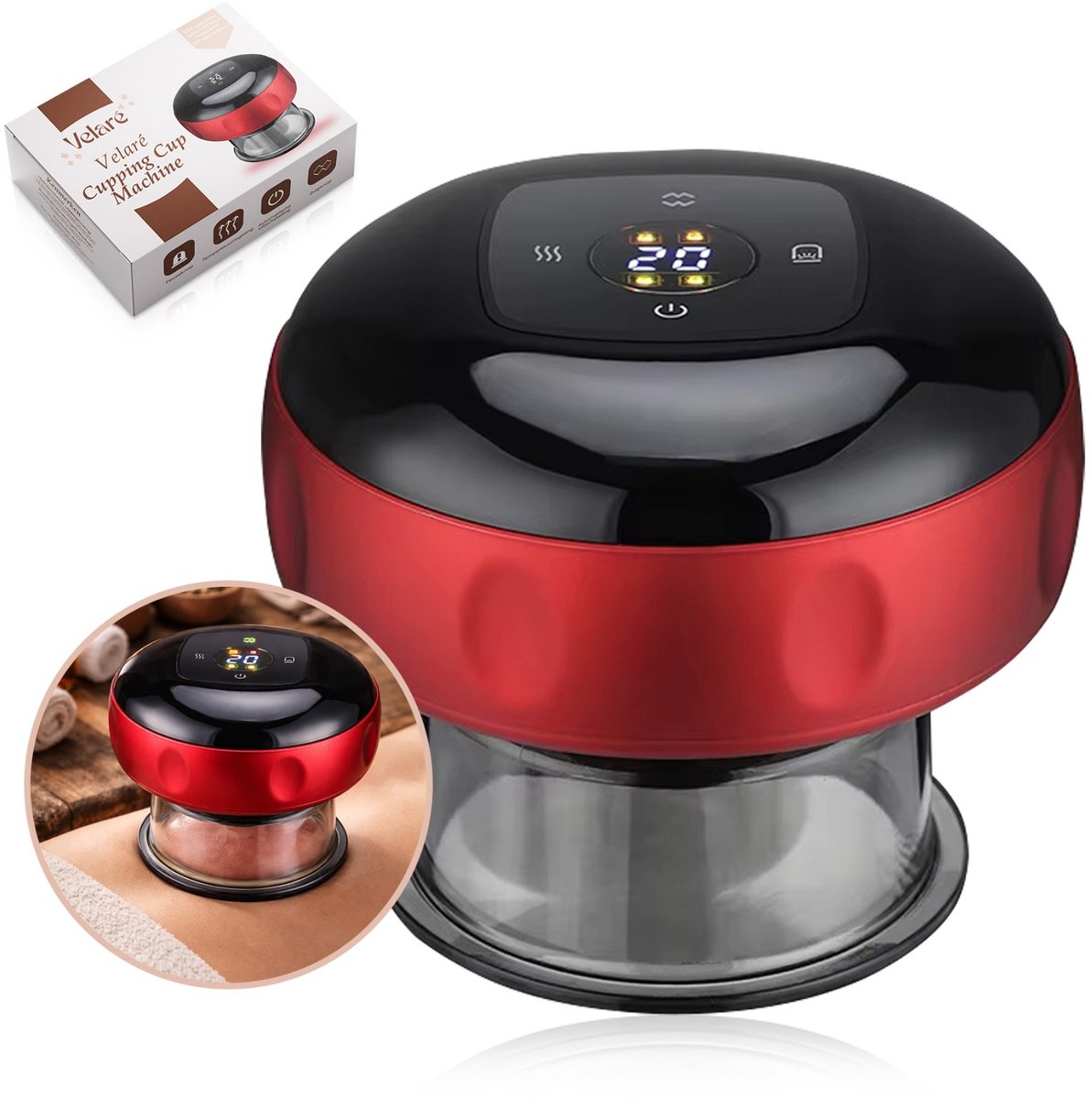 Velaré® Elektrische Cupping Massager – Warmte Therapie – Zuigkracht Instelbaar – Oplaadbaar – Spierontspanning & Lichaamsmassage – Zwart