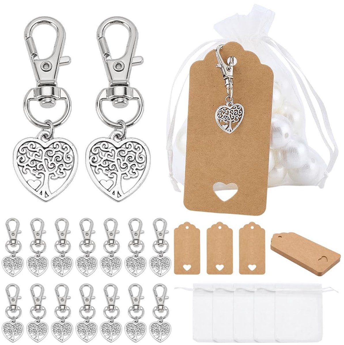 SPHProducts - Tree of Life Sleutelhanger - Trouwen - 24 Sets - Organza Gift Bags - Feestelijke Sleutelhanger - Geschikt voor Alle Leeftijden - Zilver