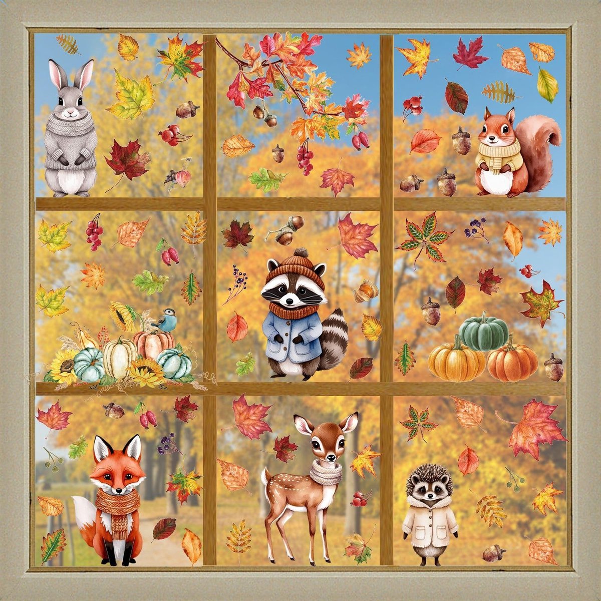 Allecto - Herbruikbare Raamstickers - Herfstdecoratie - Kleurrijk - Bladeren Pompoenen - Perfect voor Kinderen en Thuis - 30.1 x 20.2 cm