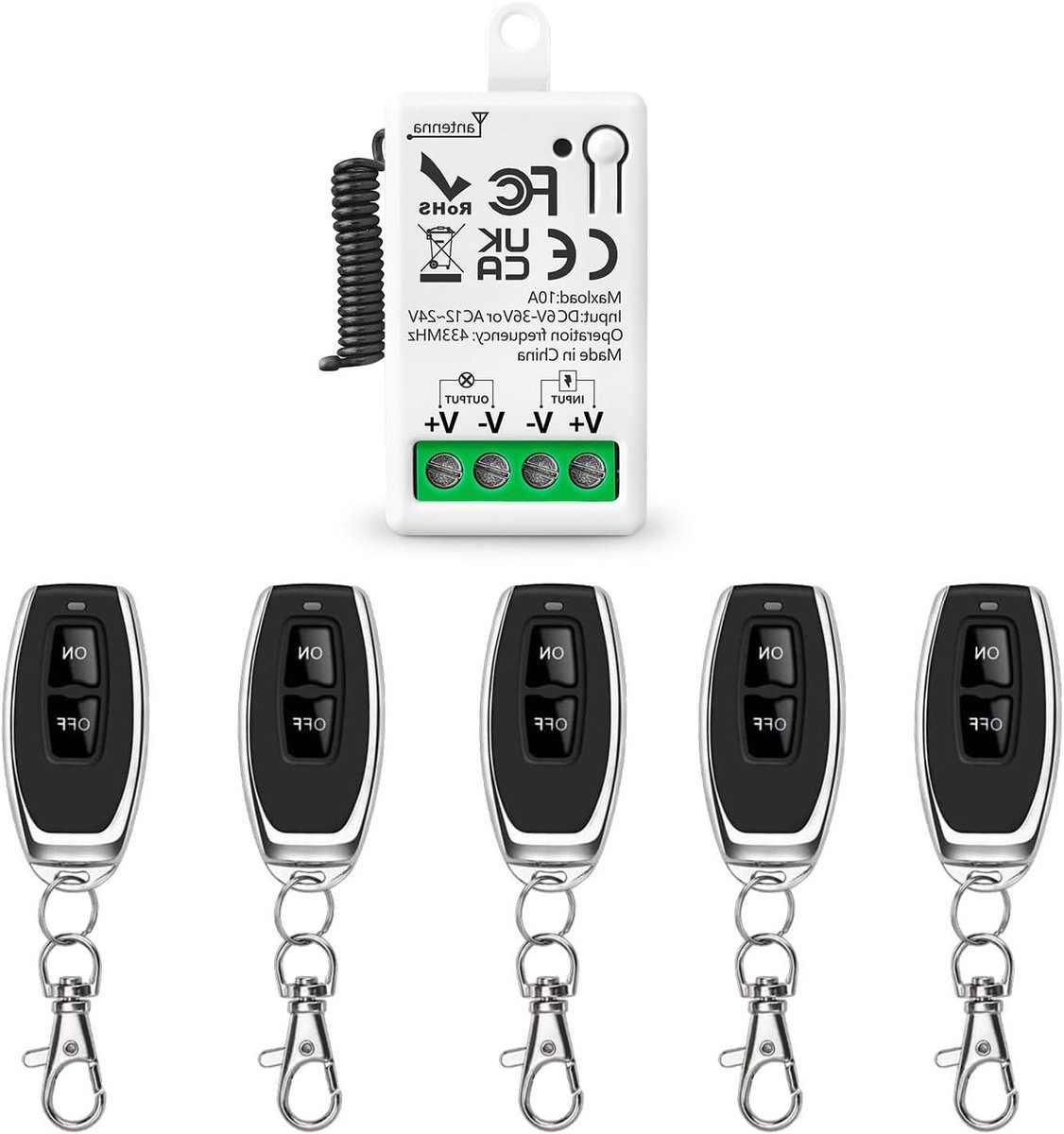 Draadloze afstandsbediening met 5 zenders voor verlichting en huishoudelijke apparaten, 433MHz, 10A relais, geschikt voor DC 6V 24V 36V en AC 12V 24V