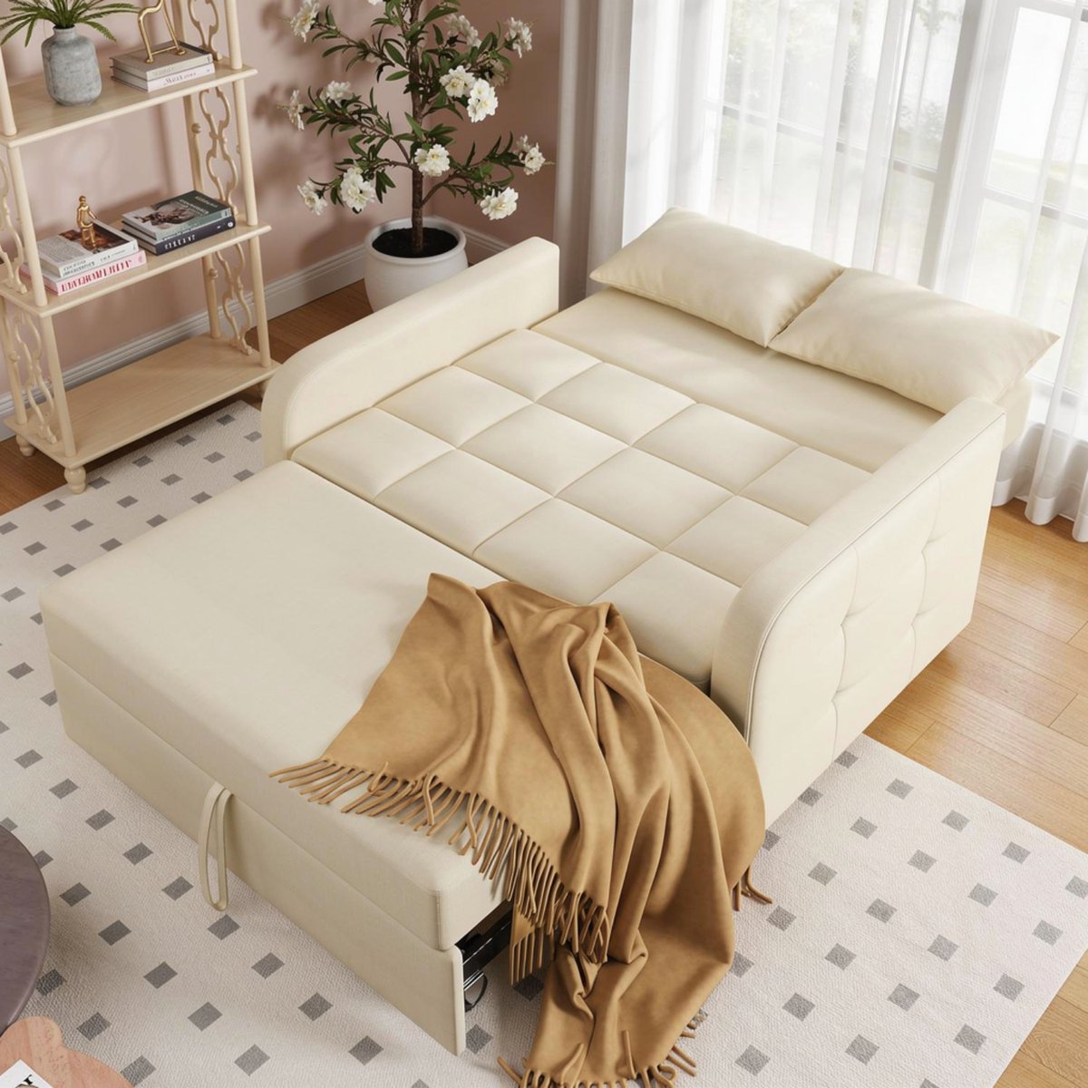 Luxe Compacte 2-Zits Slaapbank met Opbergbox en Verstelbare Rugleuning 127 x 75 x 94 cm – Uitschuifbaar Bed 127 x 125 cm – Beige Multifunctionele Sofa voor Kleine Ruimtes