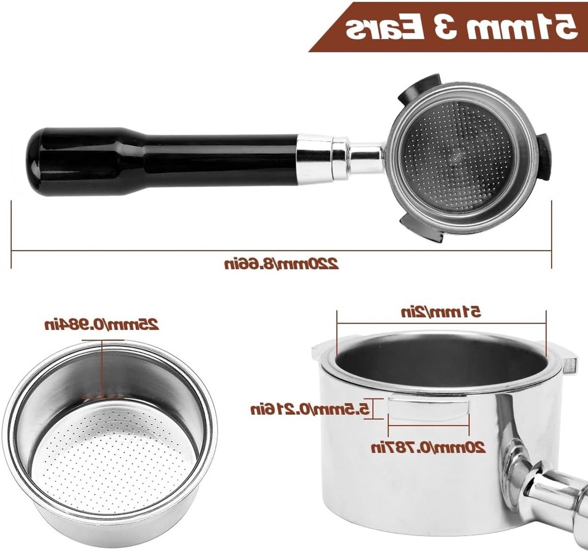 Bodemloze zeefhouder 51 mm voor espressomachines, koffiefilterhouder met houten handvat en roestvrijstalen filtermand, ideaal voor barista's en koffieliefhebbers — cadeau in Kookcadeaus - foto 7