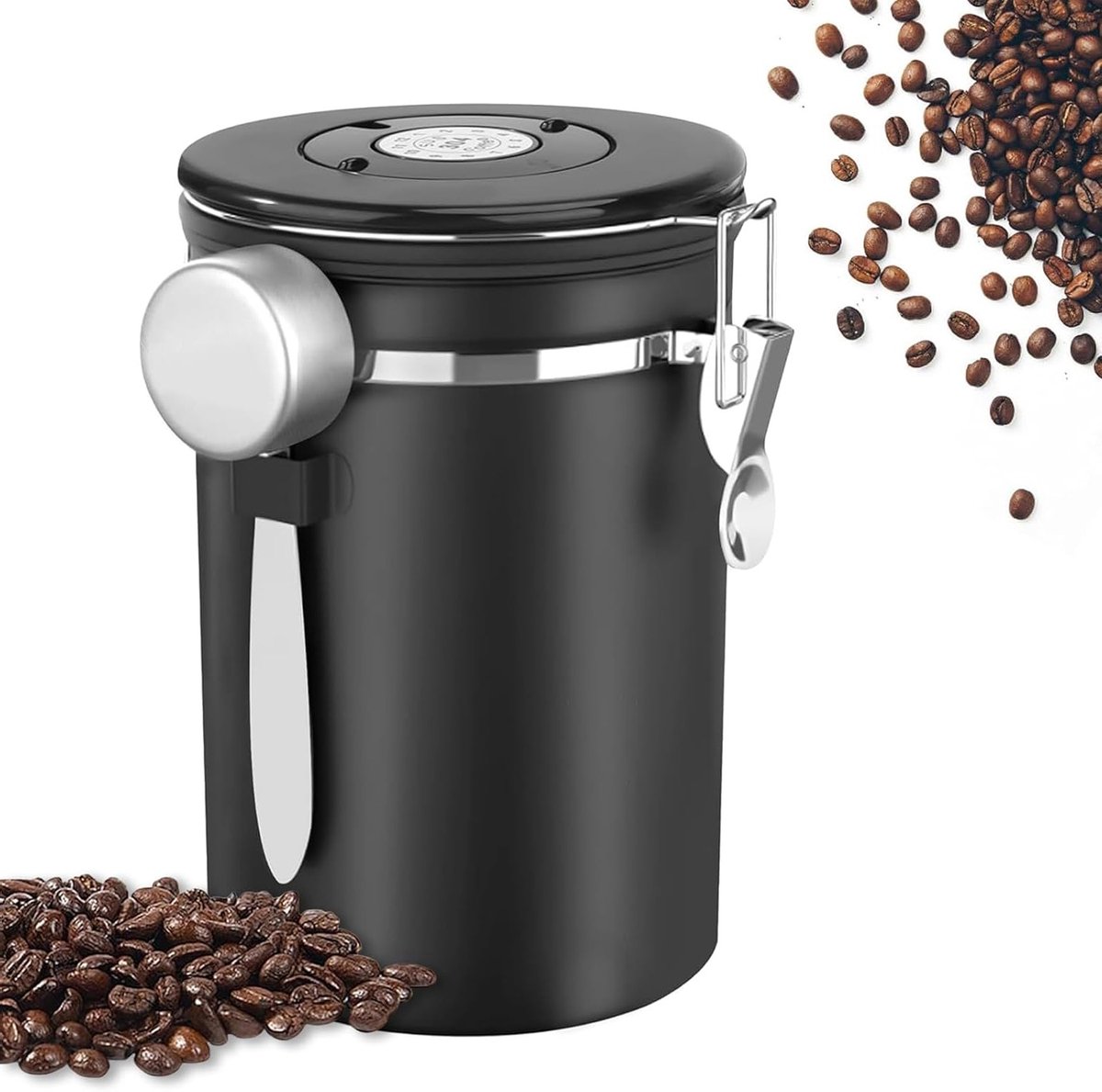 Airtight Koffiekan van Roestvrij Staal 1.8L met Maatlepel en Datumnotatie voor Koffiebonen, Thee, Noten en Cacao - Versheid en Langdurige Bewaring