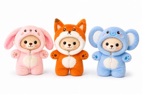 Poppenkleertjes voor 17cm pop of knuffel - Set van 3 onesies - Vos, Konijn & Olifant - Kleding voor designer modepop - Pluchen outfit met rits - Cadeauzakje van Merkloos — afbeelding 4