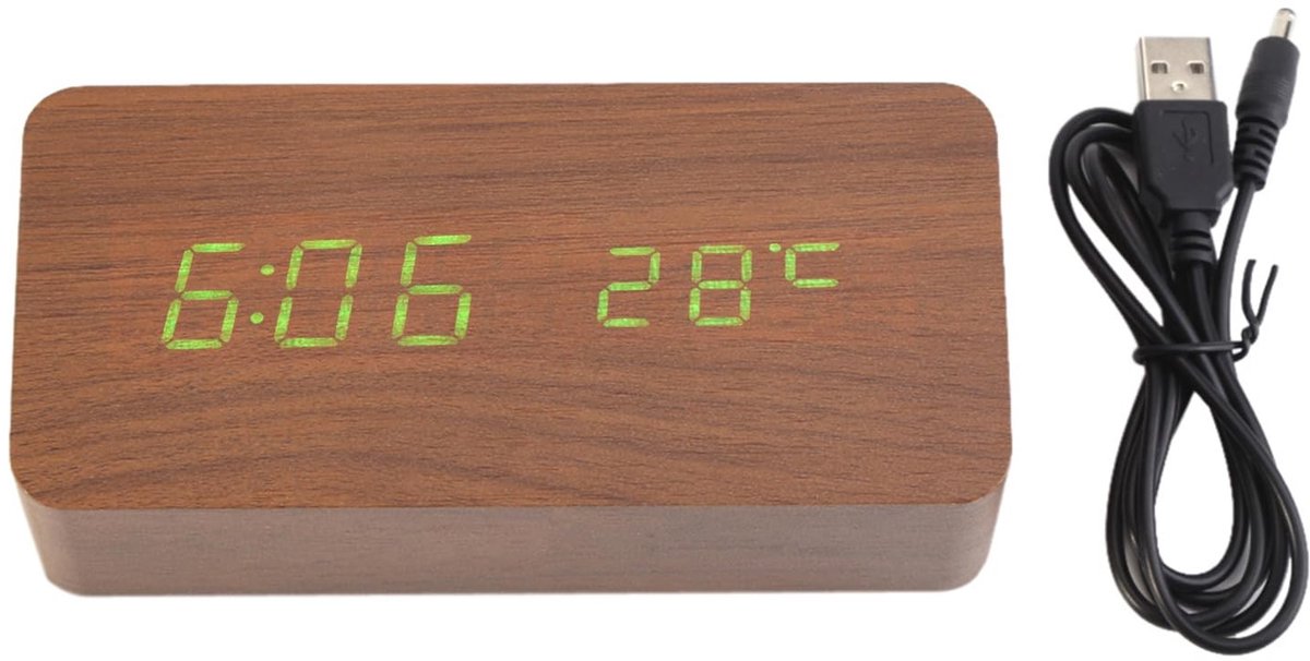 Tyenaza Houten LED Alarmklok - Digitale Wektimer met USB Display en Temperatuurweergave