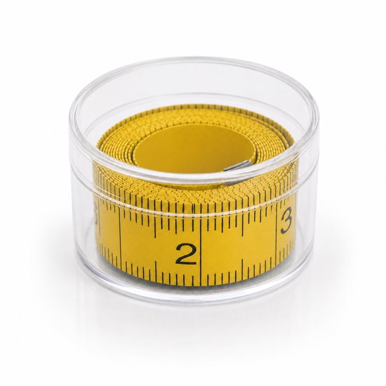 Geel meetlint met zwarte markeringen en cijfers 1, 2 en 3 in een transparante ronde doos.