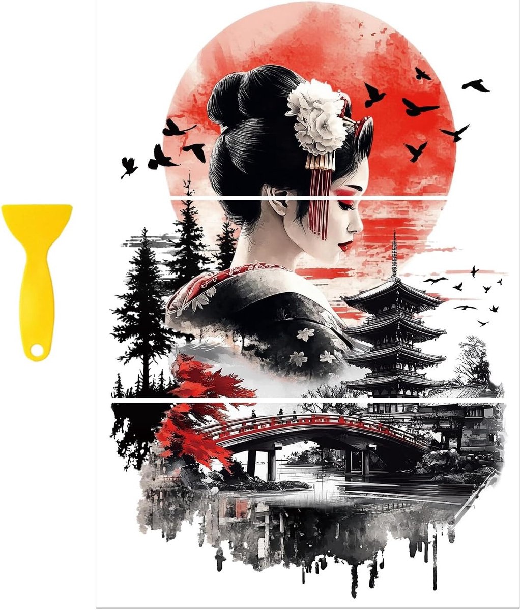 Rub on Transfer Stickers voor Meubel Decoratie - 6"x12" Geisha en Japanse Landschappen, 3 Stuks Waterdicht UV DTF Transfers voor Lades, Kasten en Glaswerk