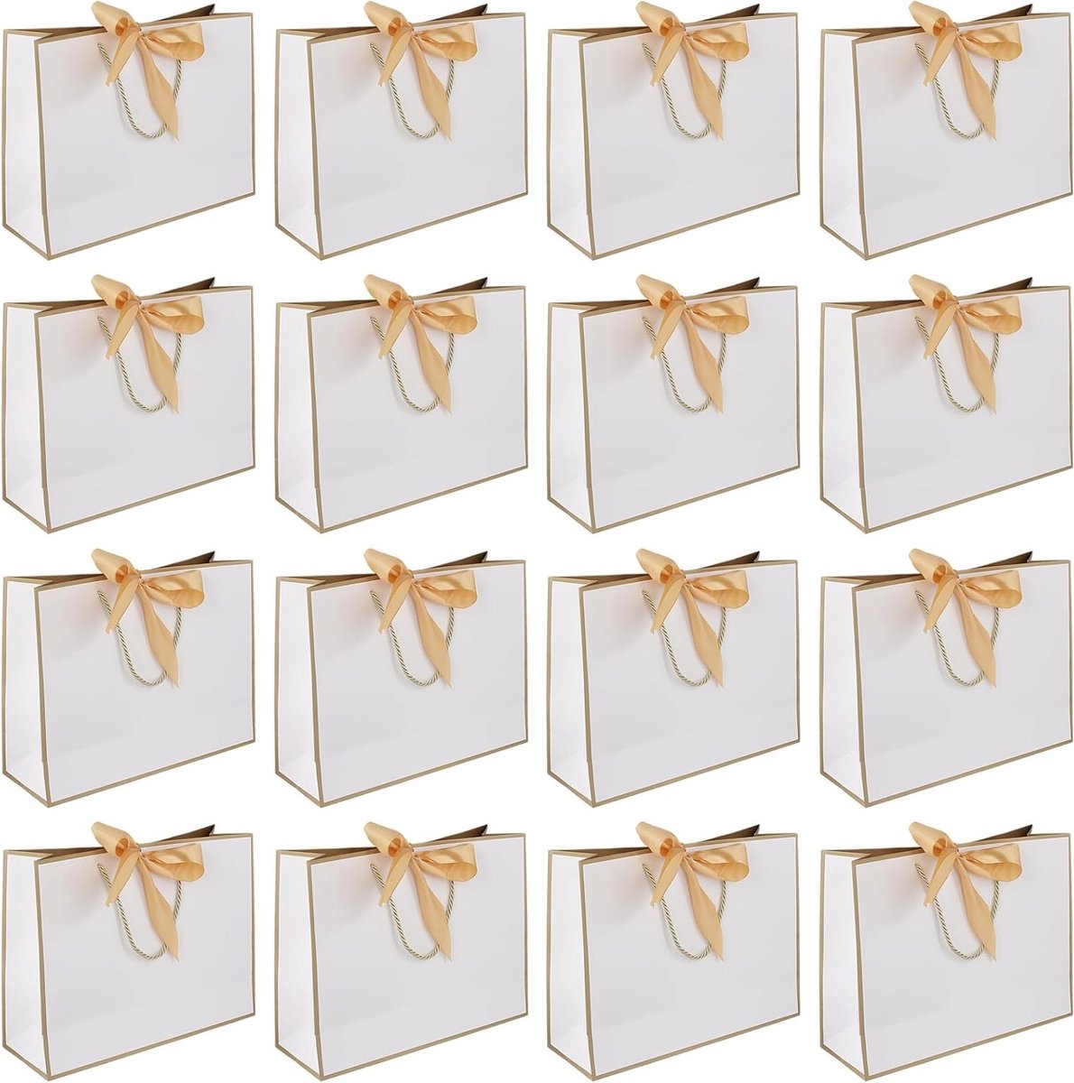 16 Pack Witte Geschenkzakken met Gouden Strik Lint, Luxe Cadeau Zakken voor Verjaardag, Bruiloft en Feest, 32x25x11cm, Perfect voor Cadeaus en Decoratie