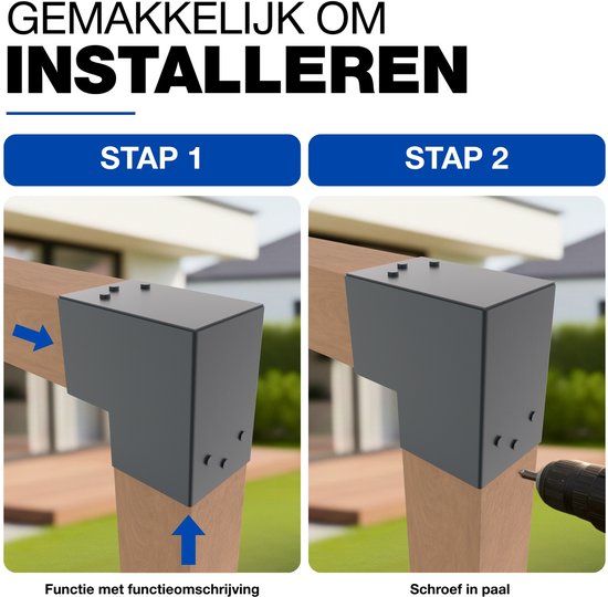 Stap 1: Functie met functiebeschrijving. Stap 2: Schroef in paal. Metalen hoekverbinder met schroefgaten.