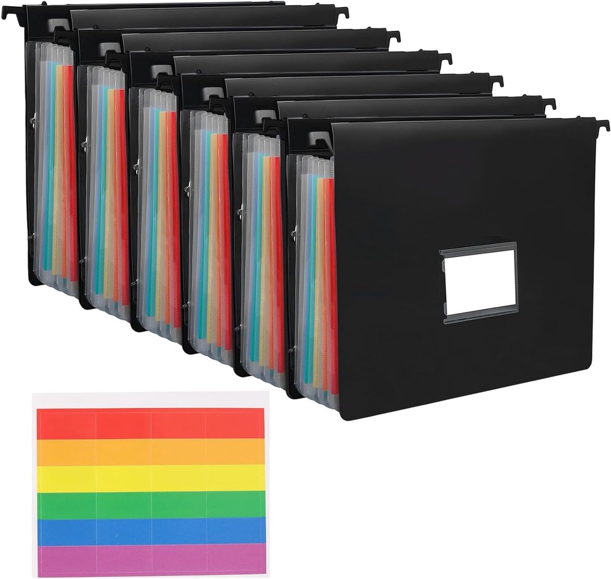 Documentenmap met 7 vakken, A4 formaat, uitvouwbaar, plastic, met labels en kleurrijke regenboogindeling voor kantoororganisatie