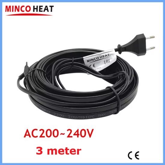 Zwarte verwarmingskabel, 3 meter, AC 200-240V, met EU-stekker en MINCO HEAT label.