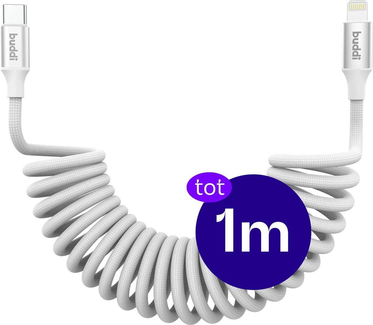 Image of Buddi Flex | Uitrekbare USB-C naar Lightning Krul Kabel 12W Fast Charge 5V/2.4A | 480Mbps Dataoverdracht | Gevlochten Elastisch Nylon | Krulsnoer | Spiraalkabel | Voor in de auto | 1M Wit