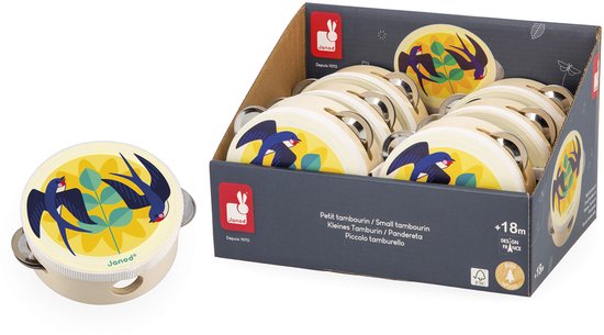 Janod tamboerijns in een kartonnen displaydoos, met een illustratie van blauwe zwaluwen.