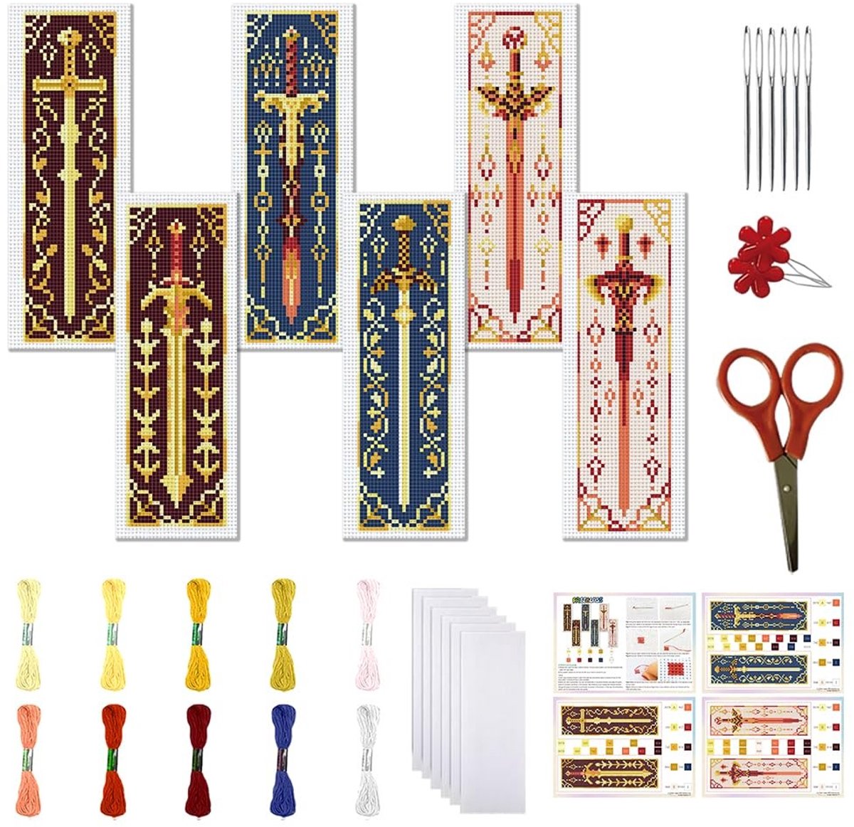 Allecto - Borduurset voor Beginners - Geprinte Boekmerken - Zwaard Motief - 6-delig - Creatief Handwerk - Voor Thuis - Diverse Kleurcombinaties