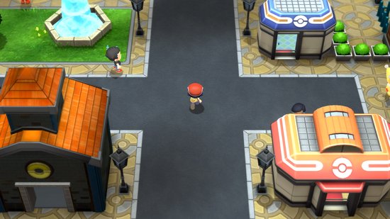 Een stad met Pokémon-centra en een fontein.