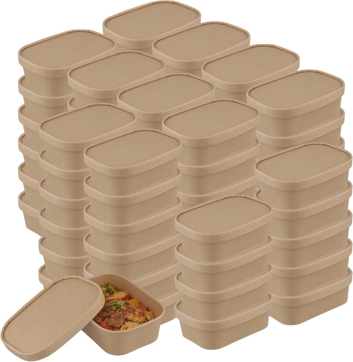 Rechthoekige Kraft voedselcontainers 650 ml - 50 stuks papieren deksels voor afhaalmaaltijden, salades en feestjes, ideaal voor restaurants en straatvoedsel