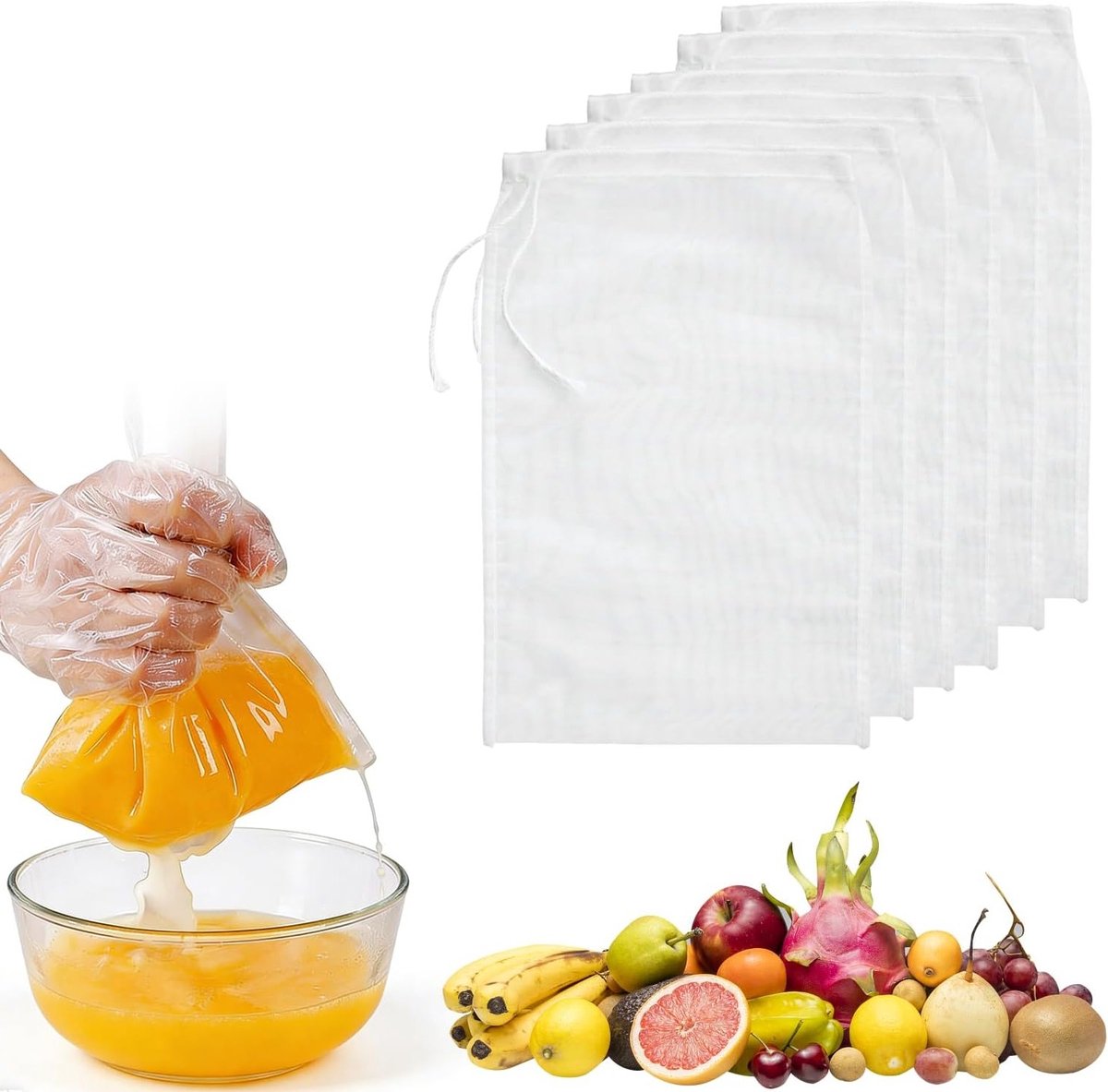 Set van 6 Herbruikbare Notenmelkzakken, Fijnmazig Nylon Filterdoek voor Melk, Kaas en Sap (20 x 30 cm)