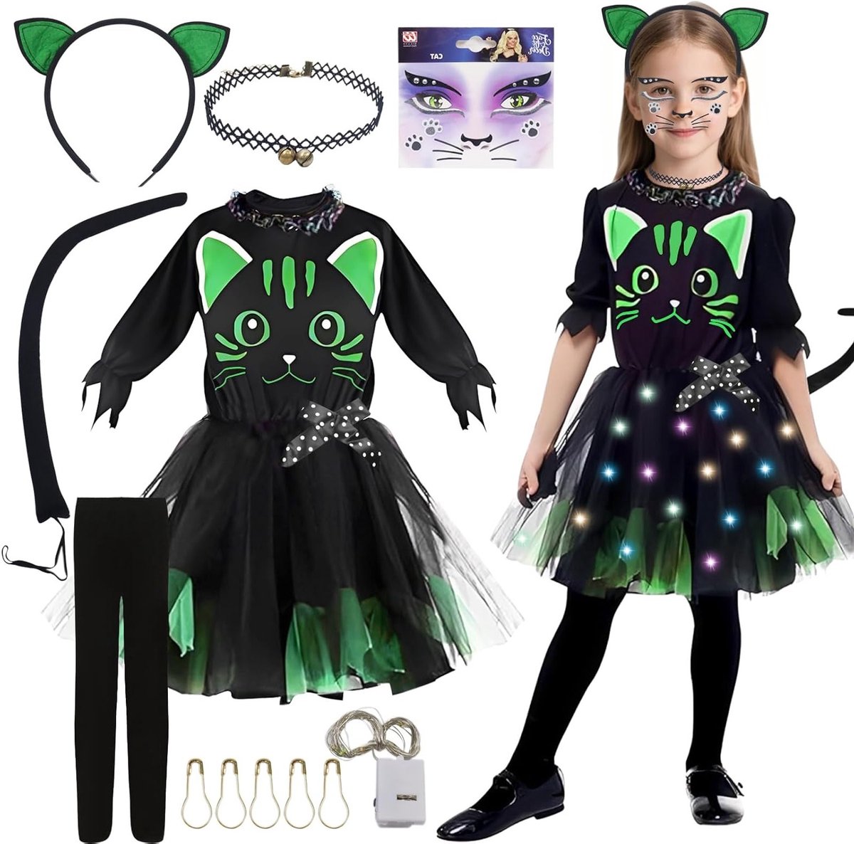 6-delige kattenkostuum voor kinderen met kattenoren, gezichtstatoeage en staart voor Halloween en carnaval