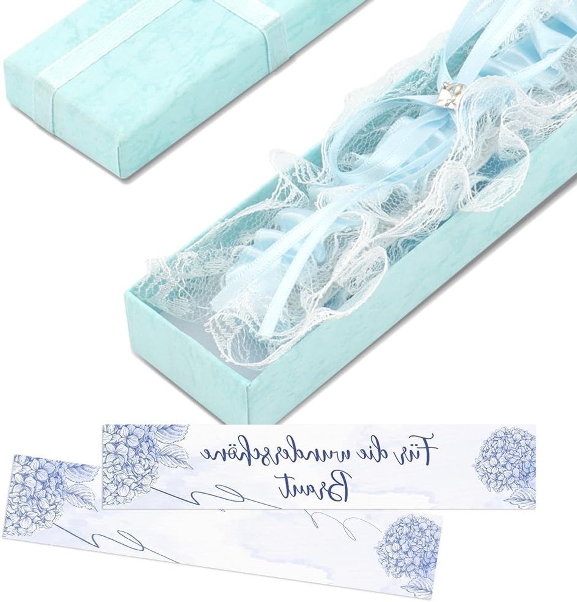 Elegante blauwe kousenband voor de bruid met wenskaart, perfect voor bruiloften en vrijgezellenfeesten, een uniek cadeau voor de bruid