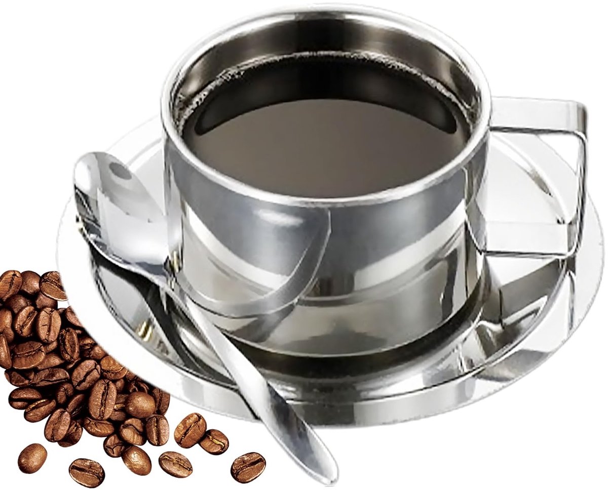aladdien - Koffiekopenset - Dubbelwandig - Zilver - Isolatiebeker voor koffie - Inclusief lepel en schoteltje - Geschikt voor thuis - 200 ml