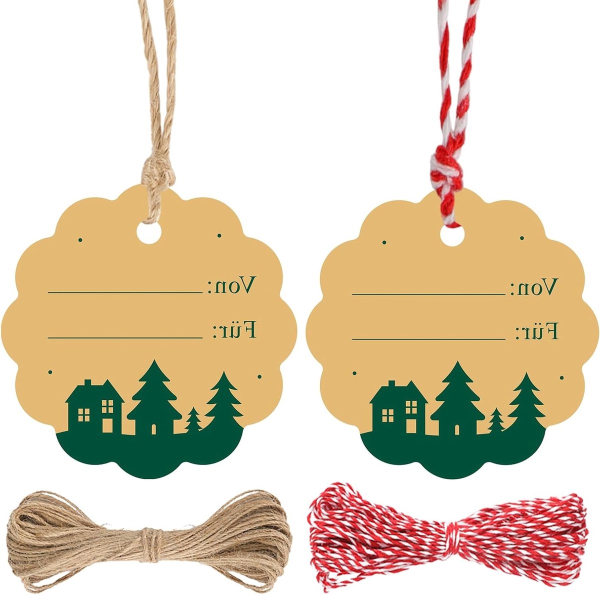 Decoratieve kerstlabels met koord voor cadeaus - 100 stuks, bruine en groene hangers voor feestelijke verpakking, labels voor kerstcadeaus en feestdagen