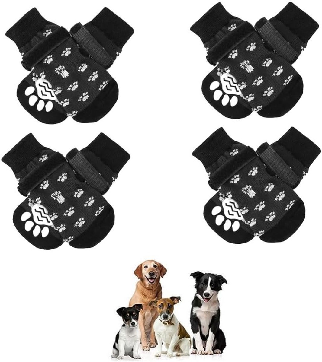 Set van 8 Antislip Hondensokken met Verstelbare Band, Warmtebescherming voor Pootjes, Zwart, 15 x 5 cm