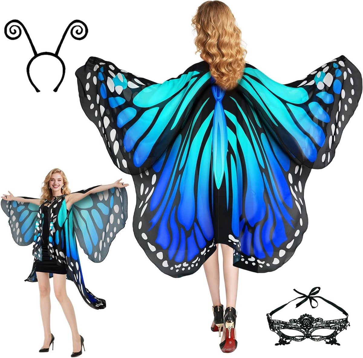 Vrouwelijk Vlinder Kostuum met Vleugels en Gezichtsmasker voor Carnaval - 3-delig Fantasie Outfit met Cape en Accessoires voor Feestjes