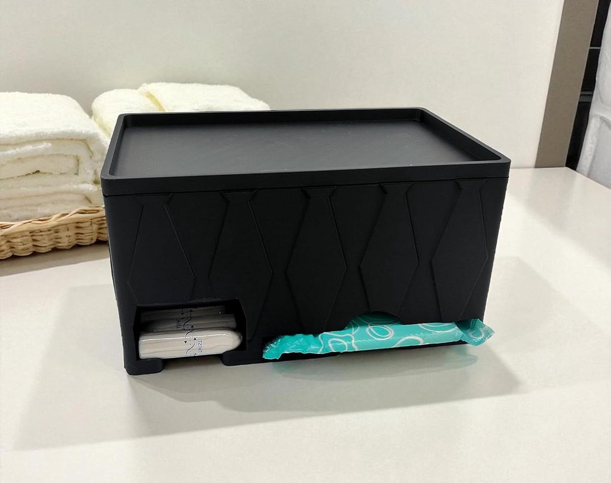 Menstruatiebox - Opslag Hygiëne - Badkamer Organiseren - 3D-Geprint Ruitpatroon - 18x11x10 cm - Mat Zwart