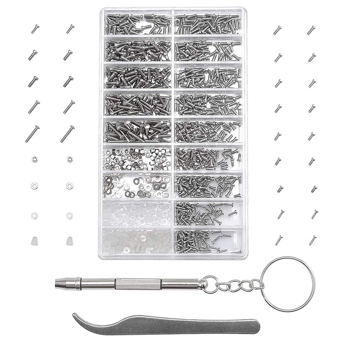 1000-Delige Roestvrijstalen Micro Schroevenset - 18-Vakjes Opbergdoos Incl. Tang Schroevendraaier voor Bril en Klok Reparatie