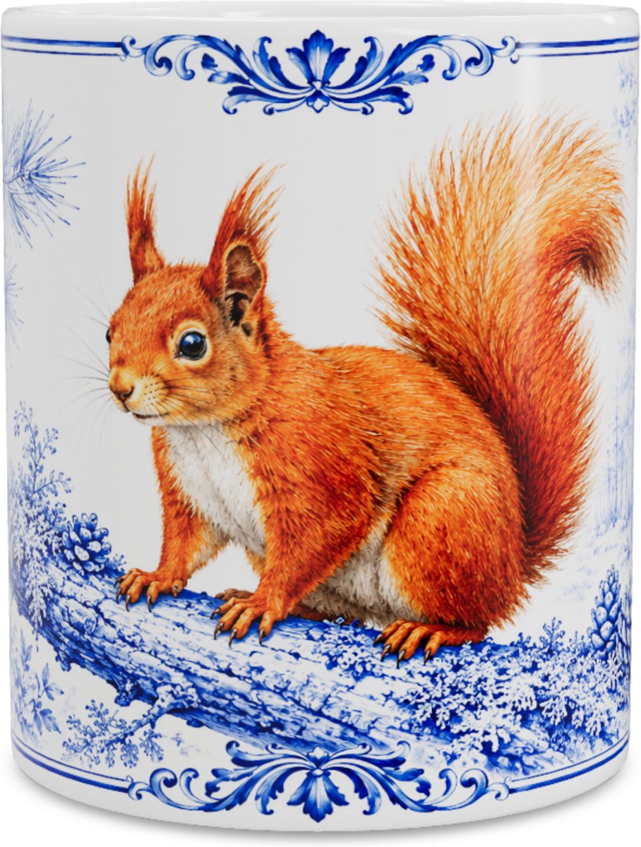 Mok Rode Eekhoorn (Sciurus vulgaris) - Delfts Blauw Design - Cadeau voor Natuurliefhebber