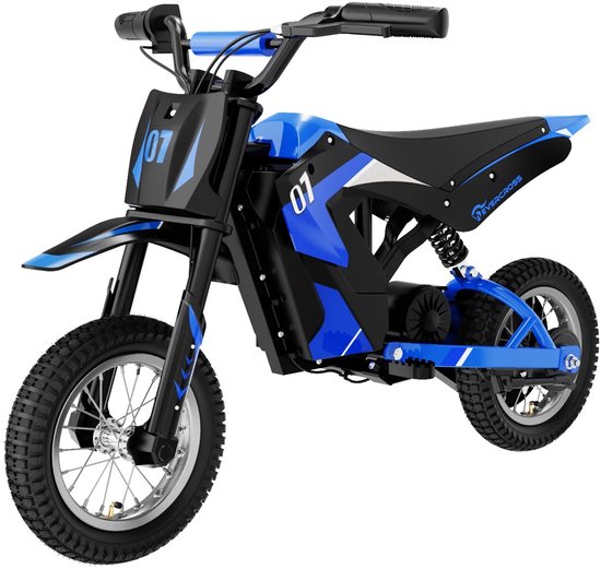 Blauwe en zwarte elektrische kindercrossmotor met nummer 01 op de voorkant en zijkant en Evercross branding.