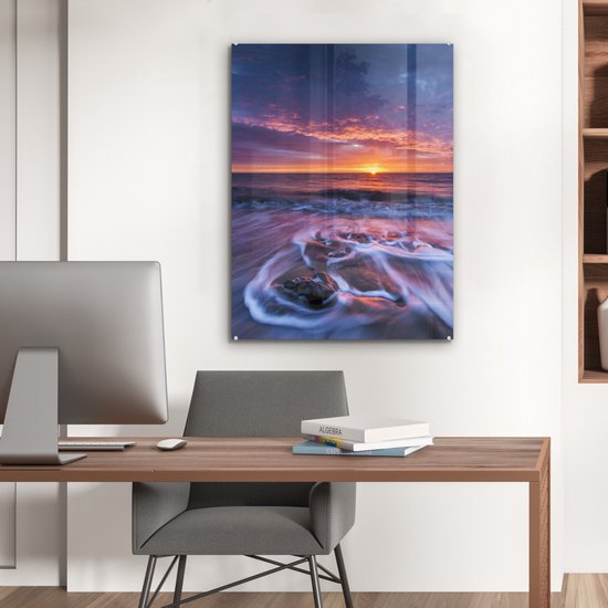 ® Glasschilderij 60x80 cm - Schilderij acrylglas - Zonsondergang bij de Noordzee bij het Engelse Nationaal park North York Moors - Foto op glas - Muurdecoratie woonkamer - Wanddecoratie slaapkamer - Schilderijen